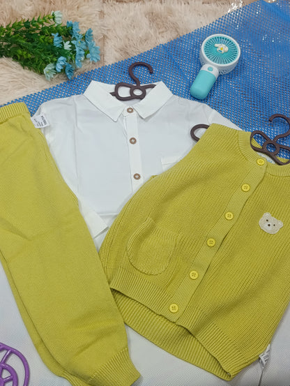 3-Piece Winter Outfit Set for Boys – Cotton Shirt, Wool Sweater & Wool Trouser